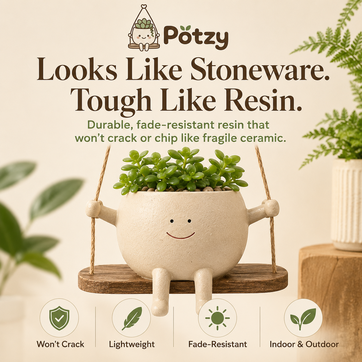 Potzy hanging planter compact size dimensions - 5.43 inch wide swing planter