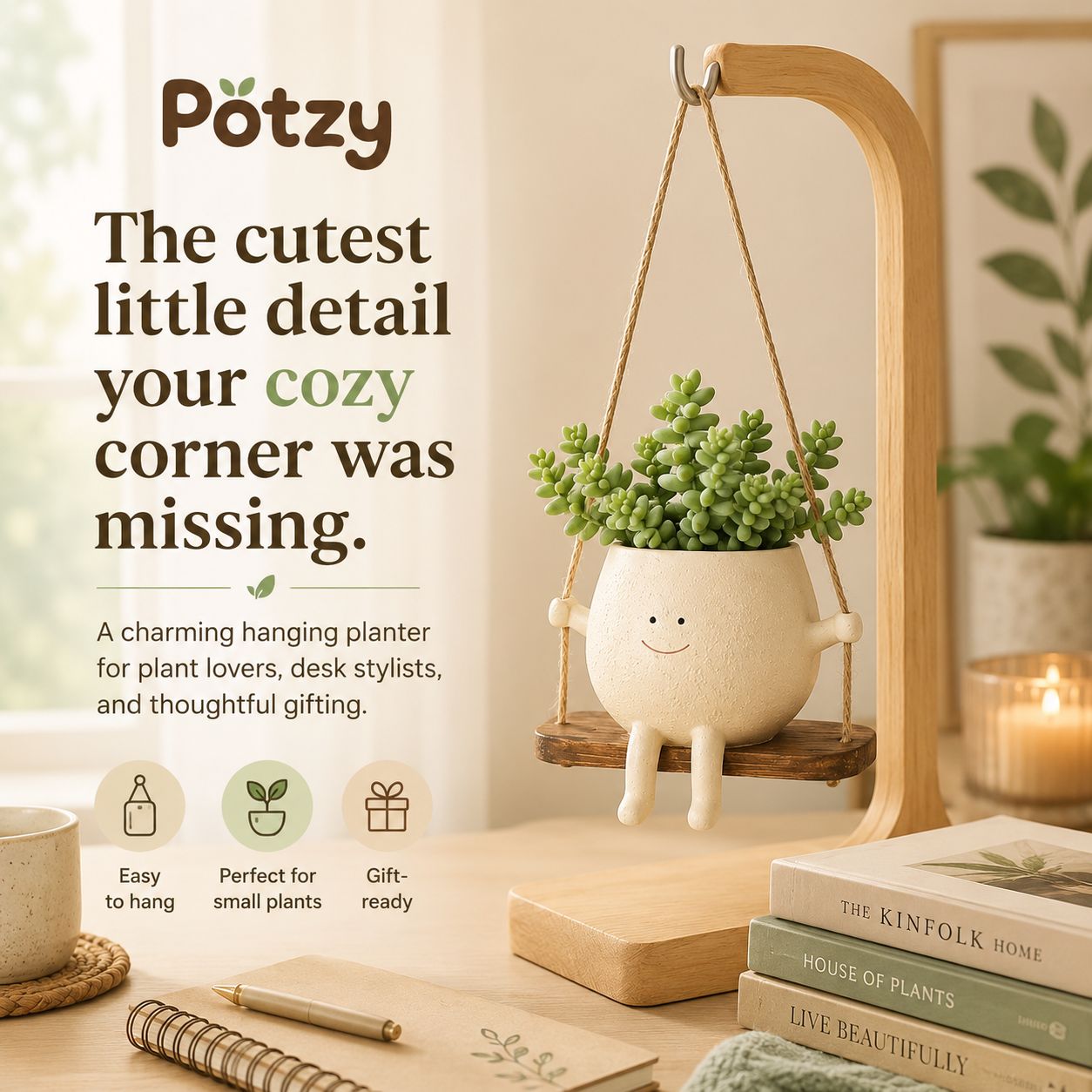 Potzy swing planter with succulent plant - cute home decor gift idea